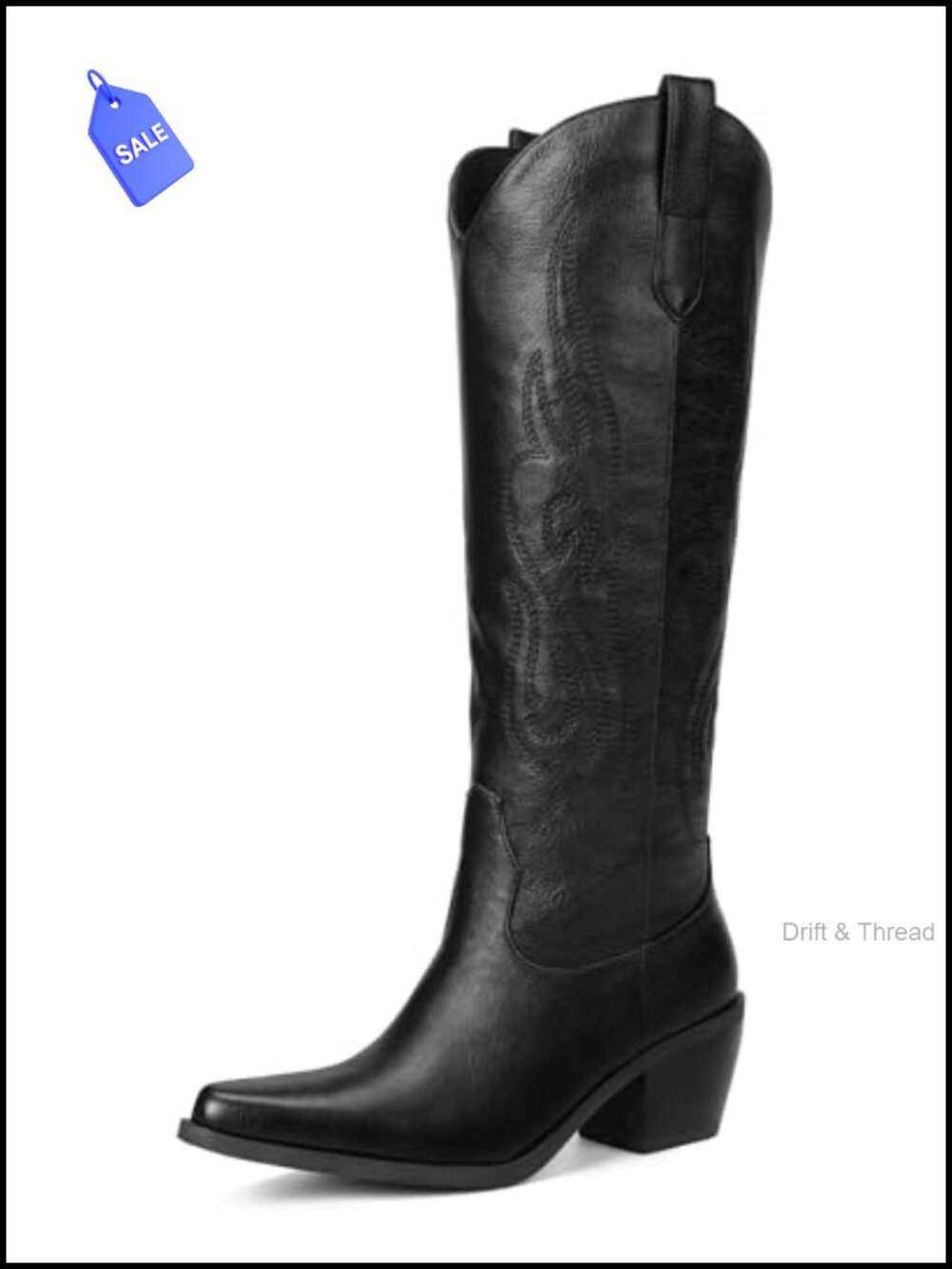 Wide Calf Cowboy Boots Knee High Faux Leather Pointed Toe Chunky Heel Slip On